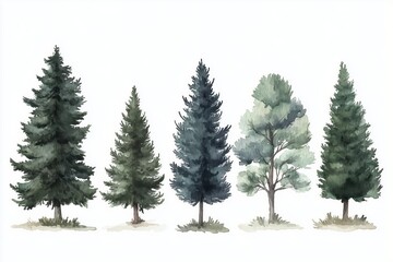 Naklejka premium Vector watercolor tree side view isolated on white background, Forest trees illustration EPS, Green pine, blue spruce, lush ash, beige bush, Set of hand drawn trees 