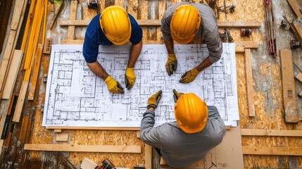 engineer and an architect reviewing blueprints and construction plans together at a bustling construction site