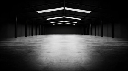 Empty industrial warehouse with high ceilings and minimal lighting in a dark setting