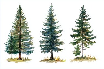 Fototapeta premium Vector watercolor tree side view isolated on white background, Forest trees illustration EPS, Green pine, blue spruce, lush ash, beige bush, Set of hand drawn trees 