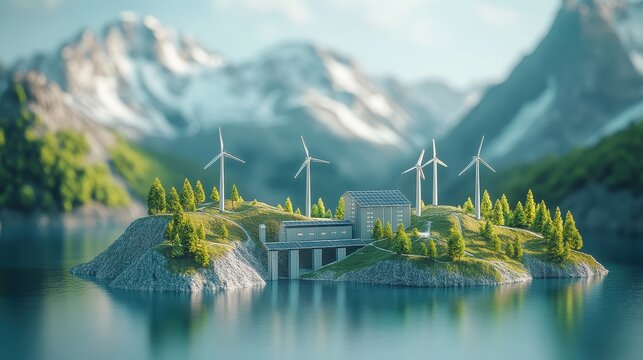Wind turbines, solar panels, and dams generate electricity. An environmentally friendly renewable energy concept.