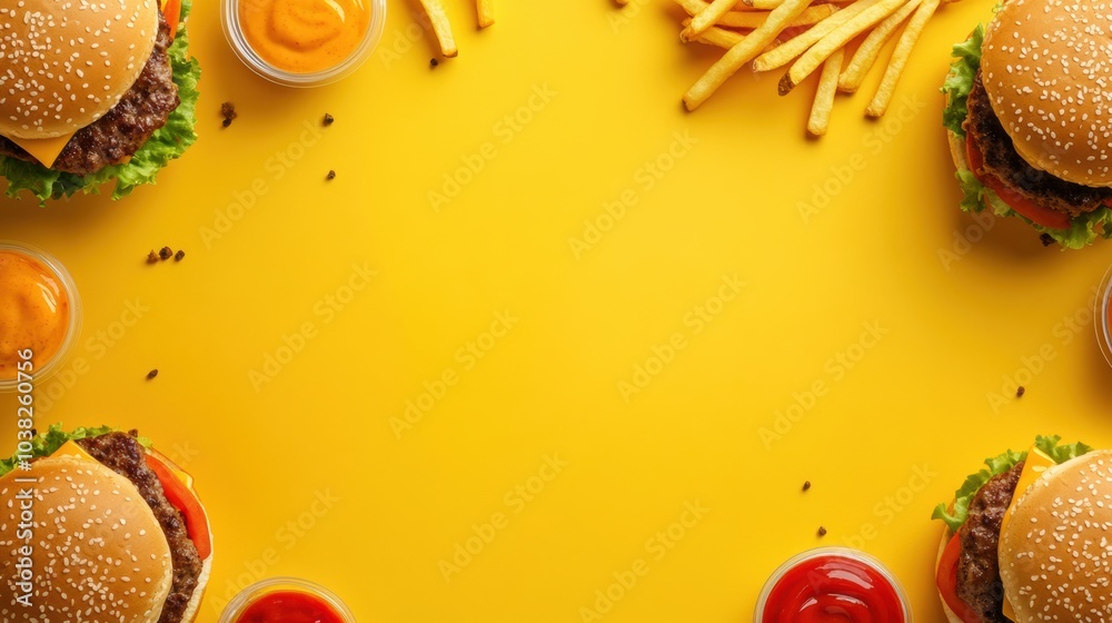 Poster mouthwatering burgers topped with fresh ingredients and crispy fries decorate the edges, creating a 
