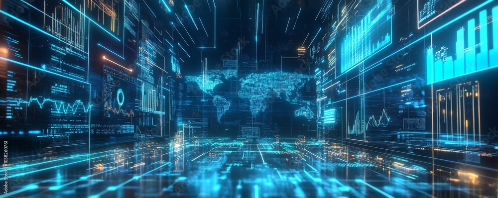 Poster futuristic digital interface with world map and data visualizations