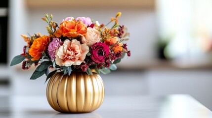 A golden pumpkin vase filled with an autumnal arrangement of vibrant artificial flowers rests on a kitchen table counter against a white modern kitchen backdrop. Thanksgiving and Halloween decorations