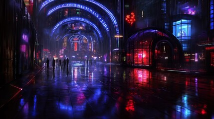 Fototapeta premium A digital painting of a futuristic cityscape with neon lights.
