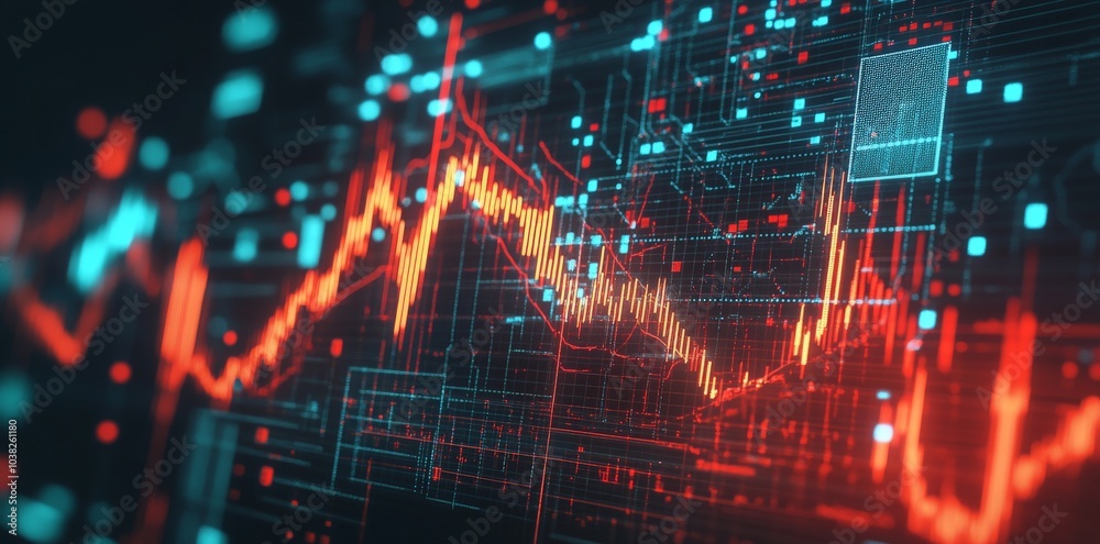 Poster abstract digital data display with red and blue lines and grid