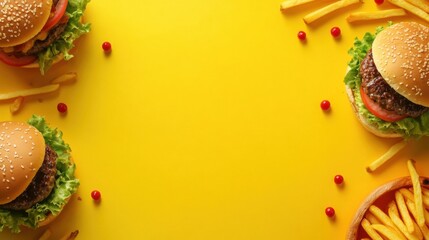 Vibrant burgers and crispy fries are artfully arranged around a bright yellow backdrop, creating ample space for creative text. Generative AI