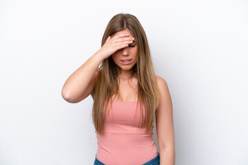 Young caucasian woman isolated on white bakcground with headache