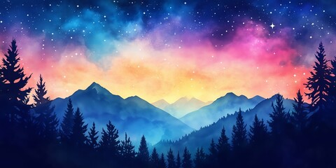 Naklejka premium Vibrant watercolor night sky featuring stars, mountains, and silhouetted trees, creating a serene and magical atmosphere.