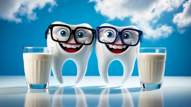funny cartoon tooth character with milk glass


