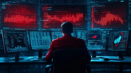 Person analyzing data on multiple screens with red graphical displays.