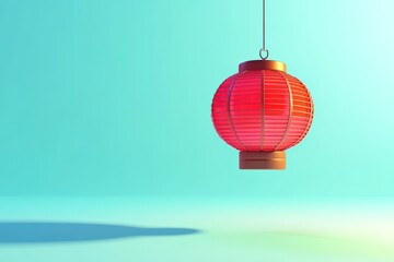 Obraz premium Red Asian lantern hanging against soft blue backdrop