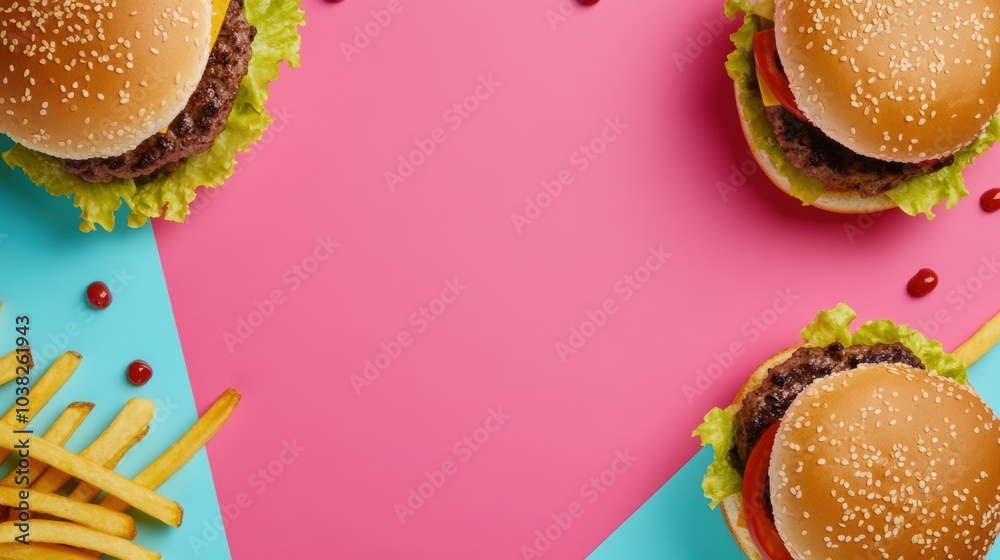 Poster delicious burgers and crispy fries are artistically arranged with vibrant backgrounds, creating a pl
