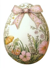 Decorative Easter egg adorned with floral illustrations and a pink ribbon bow