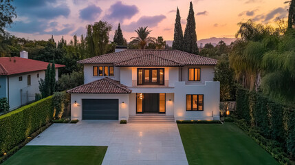 Obraz premium Elegant modern home with tiled roof and lush landscaping at sunset in a serene neighborhood
