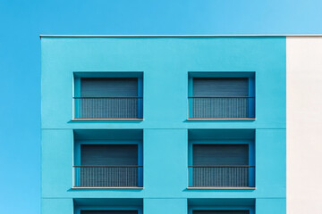 Obraz premium Bright blue building facade with multiple windows and a minimalist design against a clear sky