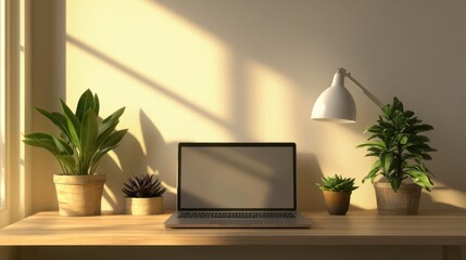 Fototapeta premium The Workspace with Laptop Plants