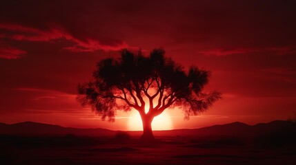 Fototapeta premium A lone tree silhouetted against a fiery sunset over a vast desert.