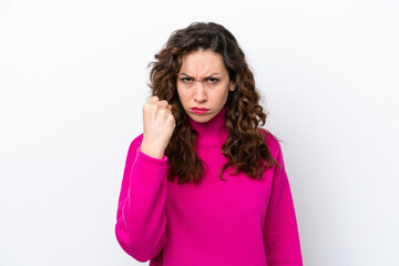 Young caucasian woman isolated on white background with unhappy expression