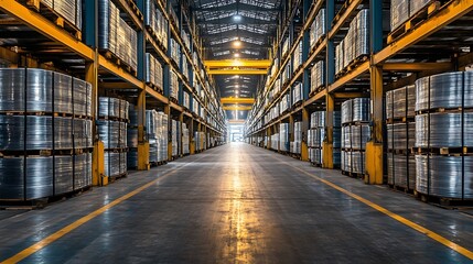 Fototapeta premium Shiny metal sheets are neatly stacked, ready for distribution, in a clean industrial area. 