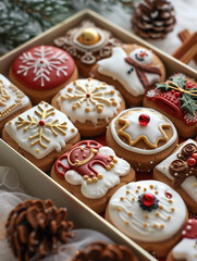 Beautifully decorated Christmas cookie box with various designs and patterns. Cookies are decorated with intricate icing in gold, red and white. Illustration of treats for New Year celebration.