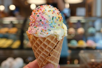 Person holding a delicious ice cream cone with sprinkles, with a blurred ice cream shop in the background