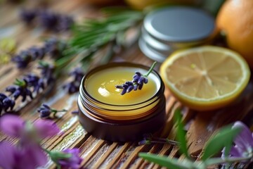 Open glass jar with yellow cosmetic cream decorated with lavender flowers on rustic wooden background with lavender and lemon