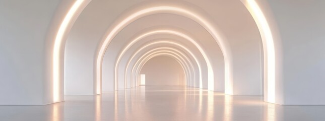 Obraz premium Modern white hallway with illuminated arches and glossy floor.