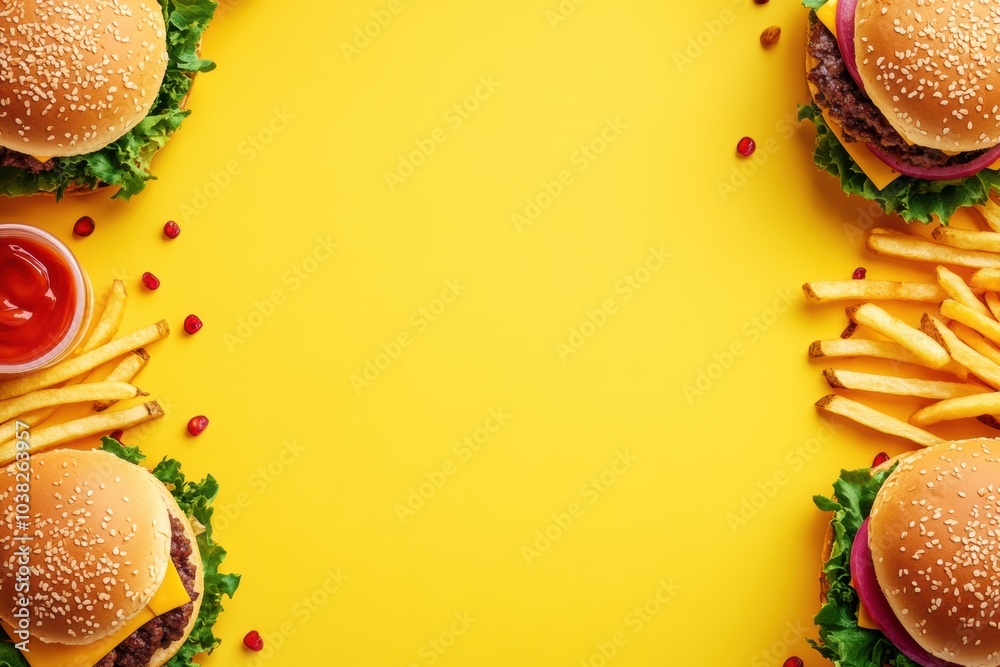 Poster brightly illustrated burgers and fries frame an empty center, inviting customization and creativity 