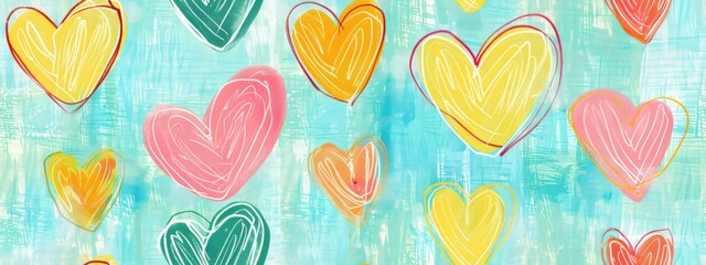 Seamless Pattern of Hearts in Various Sizes and Colors on Soft Pastel Background