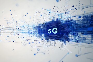 Obraz premium Blue Circuit Board with “5G” Text on a White Background, Featuring Abstract Blue Lines and Shapes in High-Resolution Vector Graphic Style