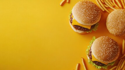 Brightly illustrated burgers and fries frame a vibrant yellow background, inviting viewers to enjoy delicious meal options. Generative AI