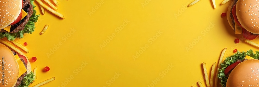 Poster brightly colored burgers and crispy fries are arranged on a yellow background, leaving ample space f