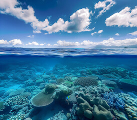 ocean underwater background with blue sky and coral reef	