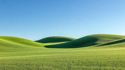 Obraz premium Lush rolling hills under a bright blue sky in a tranquil green landscape during daylight