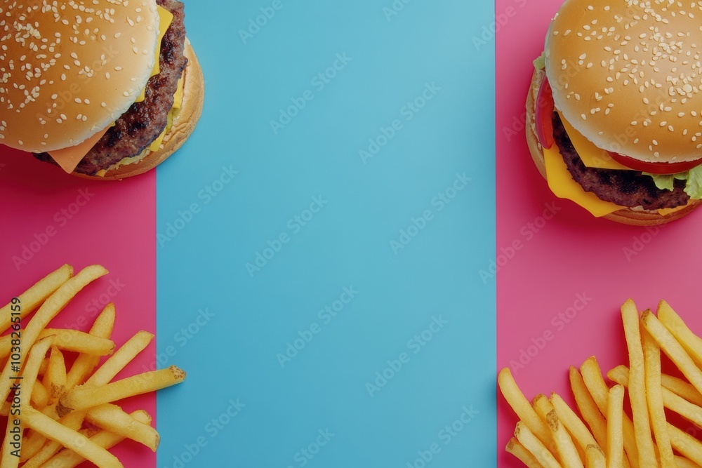 Poster colorful burgers and golden fries frame a bright, empty center, perfect for adding text to highlight
