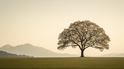 Solitary tree silhouetted against a tranquil sunset in a mountainous landscape