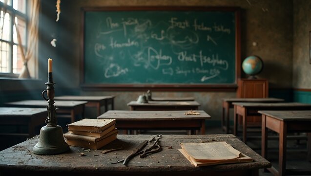 Spooky haunted school classroom with cobwebs dusty desks and eerie scribbles on chalkboards