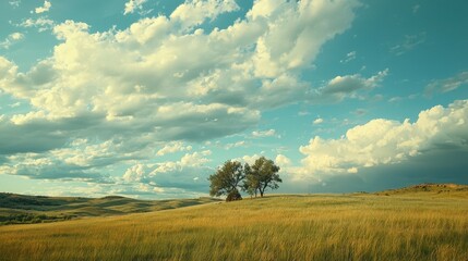 Obraz premium Tranquil Windswept Grasslands Under Dramatic Sky
