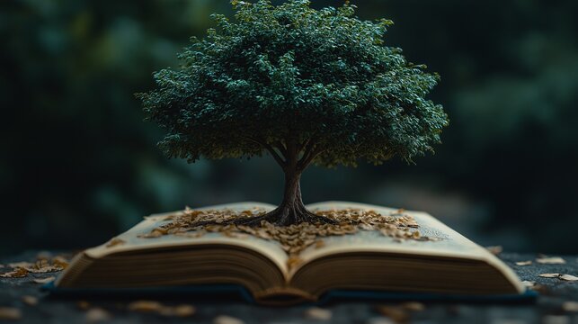A giant tree sprouting from the center of an open book, with the pages of the book scattered around the tree like fallen leaves