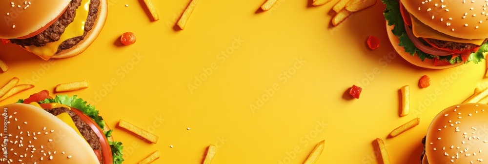 Aufkleber Brightly colored burgers and fries are artfully placed at the edges, creating an ideal space for promotional text in a playful layout. Generative AI