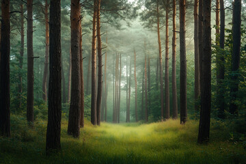 Naklejka premium landscape of austria, forest with tall trees filtering sunlight through the canopy, misty, lush green grass and moss on the ground, peaceful, woodland, photorealistic
