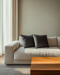 Fototapeta premium Modern living room with a light sofa, dark pillows, and natural light in a minimalist design