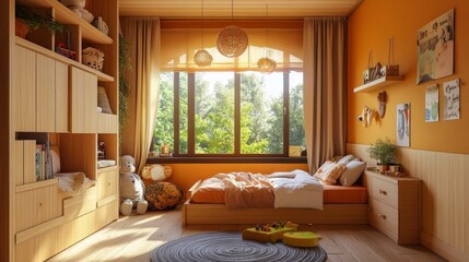 cosy kids' room with windows during the day and wooden furnishings