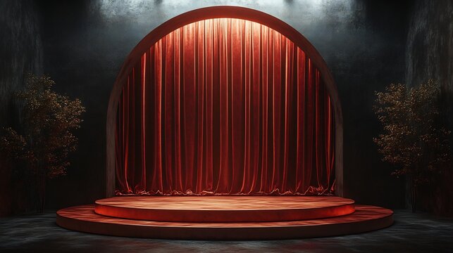 Dynamic 3D podium featuring a rich fabric curtain and spotlight contrasted against a bold black background adding drama and sophistication for luxurious presentations