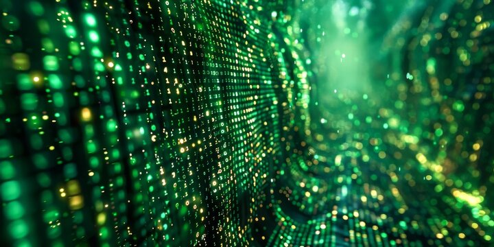 A glitched matrix of digital code flowing down a virtual screen, creating an illusion of movement