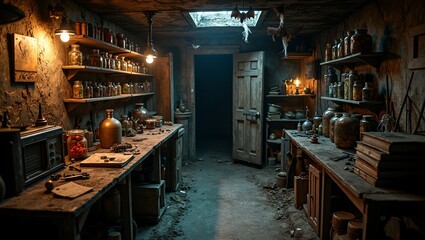 Spooky Halloween basement with eerie decor and old tools