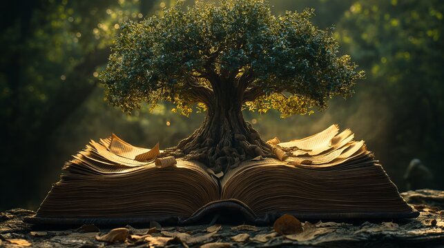 A giant tree sprouting from the center of an open book, with the pages of the book scattered around the tree like fallen leaves