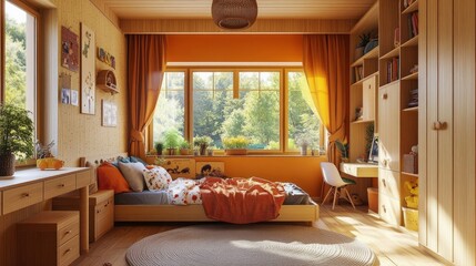 cosy kids' room with windows during the day and wooden furnishings