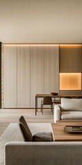 Modern interior design of a spacious living area with minimalist architecture and warm lighting